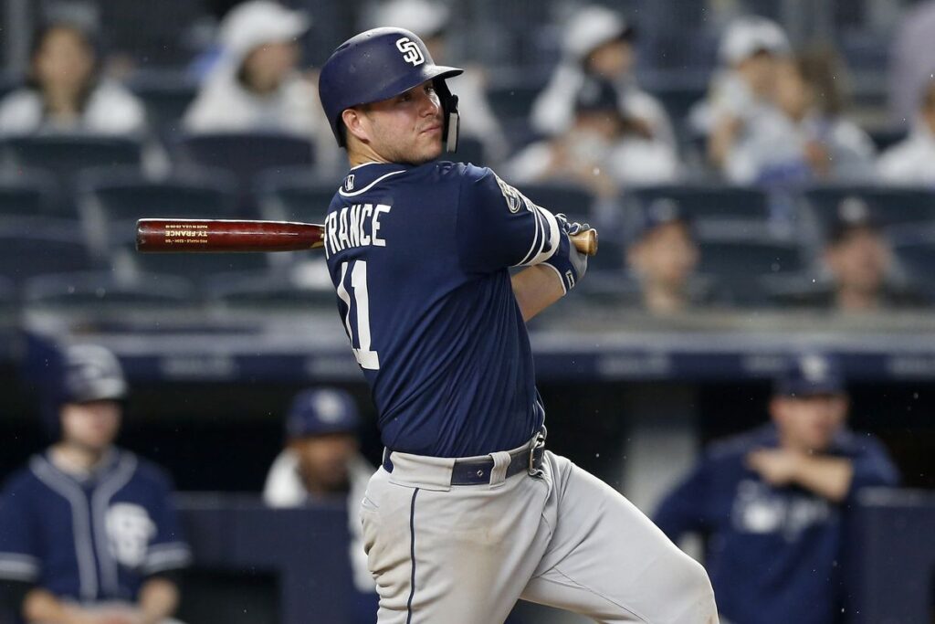 San Diego Padres third baseman Ty France looks on during the